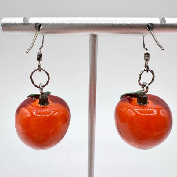 Clear Reddish Orange Lucite Cherry Apple Fruit Dangle Earrings Fun Flirty Kitsch - Picture 5 of 9